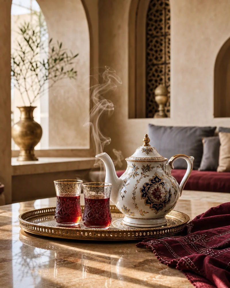 A porcelain teapot and two tea glasses on a brass tray with a curl of steam