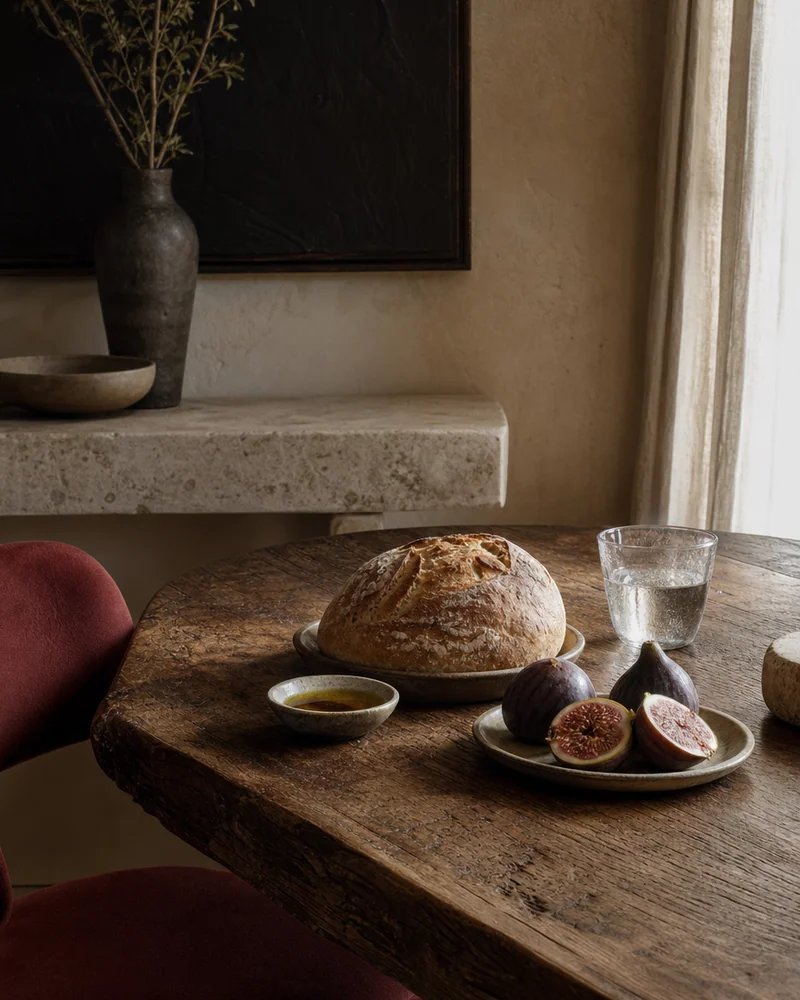 A simple breakfast of bread, olive oil and fresh figs on a worn oak table