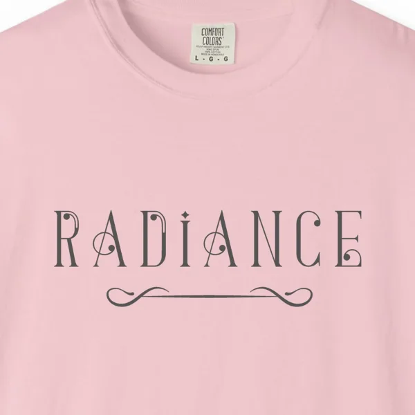 Close-up of the Radiance Deco print on a Blossom Comfort Colors 1717 tee