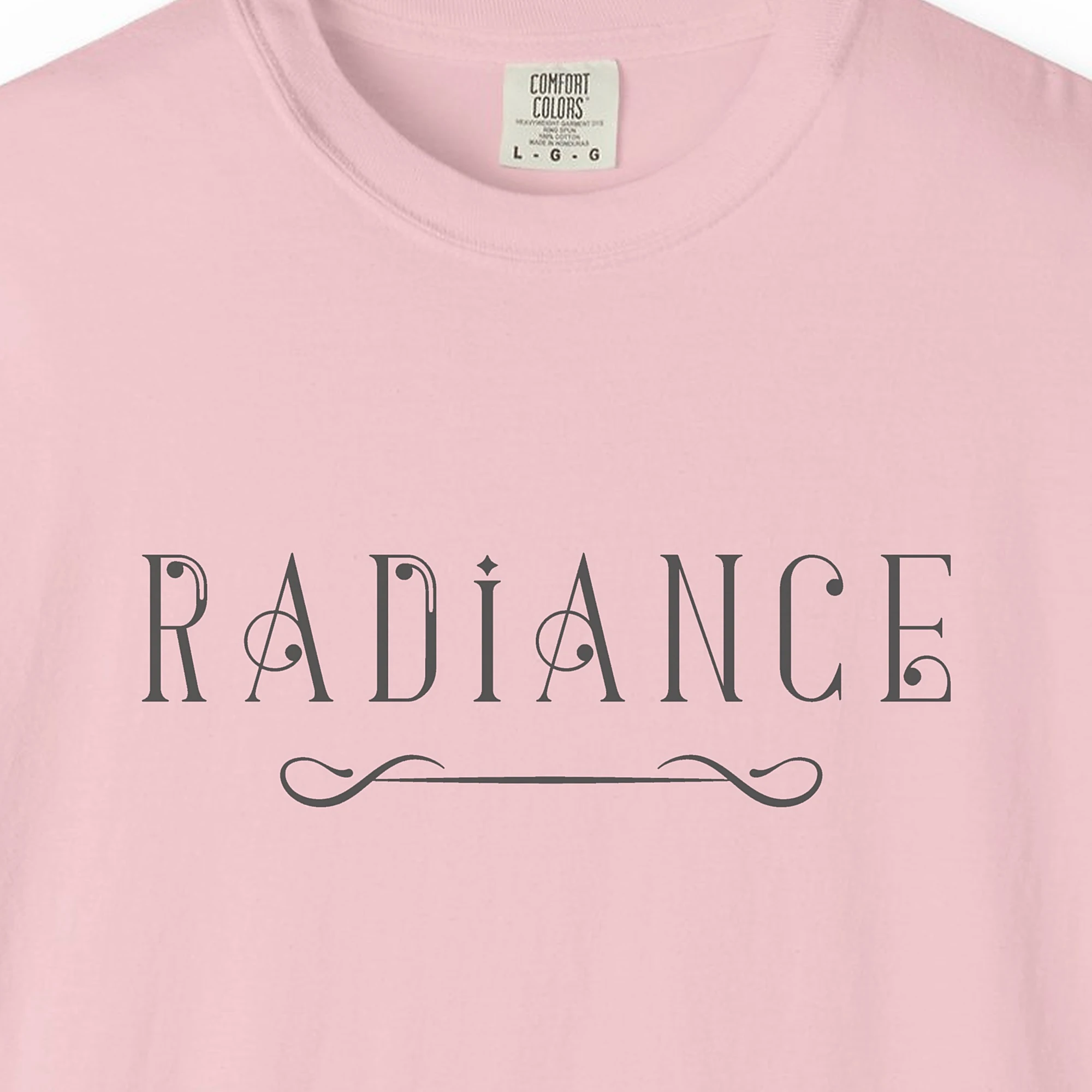 Close-up of the Radiance Deco print on a Blossom Comfort Colors 1717 tee
