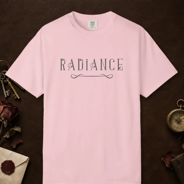 Radiance Deco design on a Blossom Comfort Colors 1717 tee, laid flat