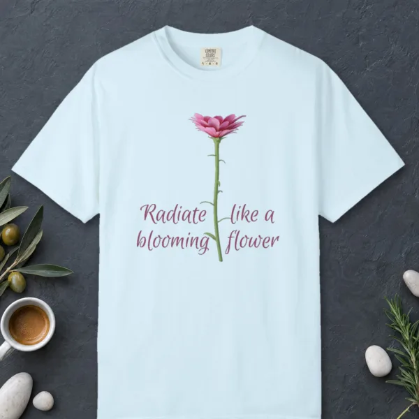 radiate-like-a-flower-tee-chambray-front Radiate Like a Flower design on a Chambray Comfort Colors 1717 tee, laid flat