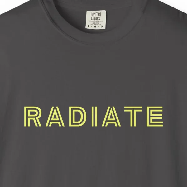 Close-up of the Radiate print on a Graphite Comfort Colors 1717 tee