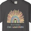 Close-up of the Rainbow Frog Learner print on a Graphite Comfort Colors 1717 tee