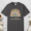 Rainbow Frog Learner design on a Graphite Comfort Colors 1717 tee, laid flat