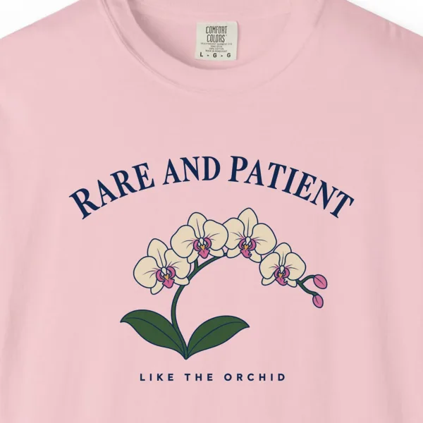 rare-and-patient-tee-blossom-chest Close-up of the Rare and Patient print on a Blossom Comfort Colors 1717 tee