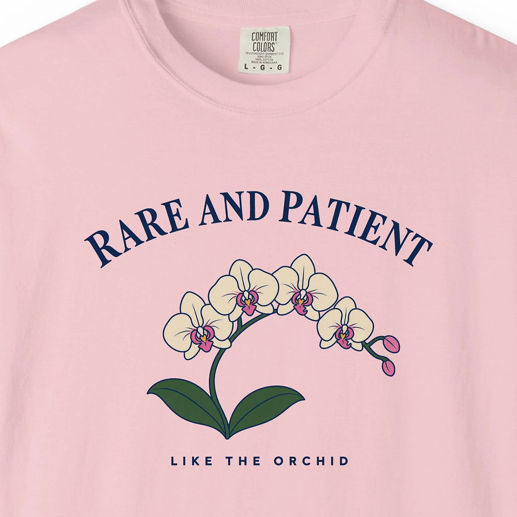 Close-up of the Rare and Patient print on a Blossom Comfort Colors 1717 tee