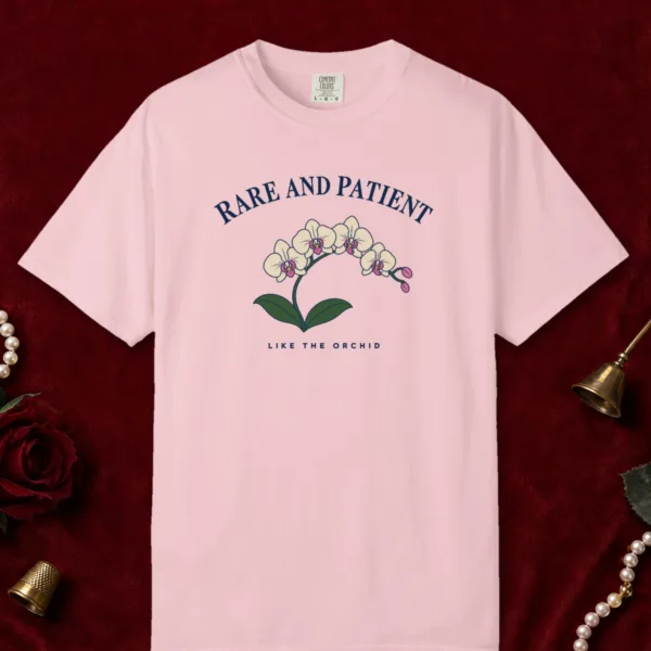 rare-and-patient-tee-blossom-front Rare and Patient design on a Blossom Comfort Colors 1717 tee, laid flat