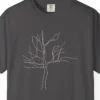 reaching-branches-tee-graphite-chest Close-up of the Reaching Branches print on a Graphite Comfort Colors 1717 tee