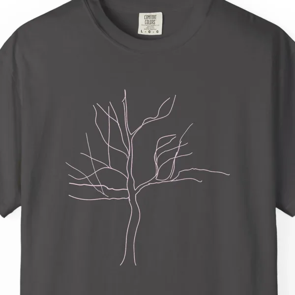 reaching-branches-tee-graphite-chest Close-up of the Reaching Branches print on a Graphite Comfort Colors 1717 tee