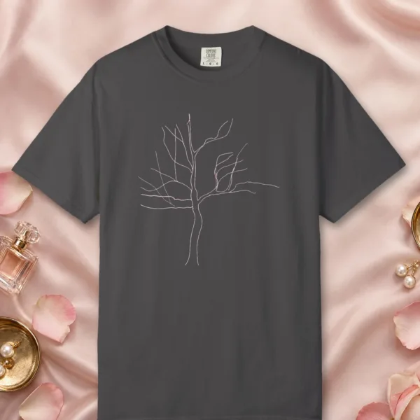 reaching-branches-tee-graphite-front Reaching Branches design on a Graphite Comfort Colors 1717 tee, laid flat