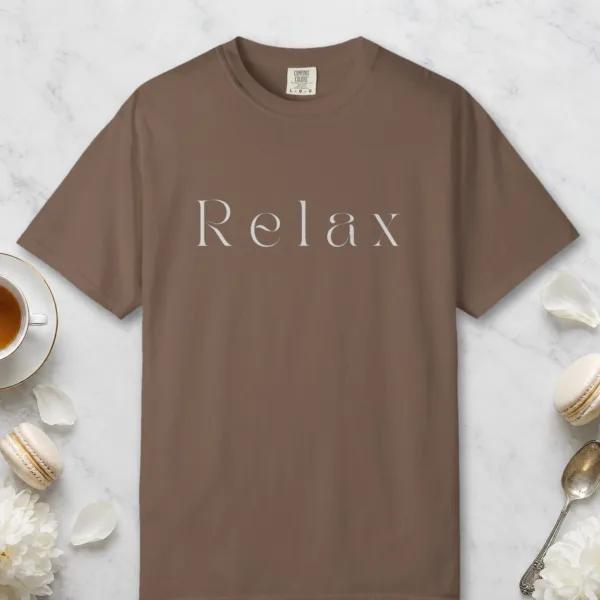 Relax Display Serif design on a Espresso Comfort Colors 1717 tee, laid flat