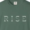 rise-bold-capitals-tee-blue-spruce-chest Close-up of the Rise Bold Capitals print on a Blue Spruce Comfort Colors 1717 tee