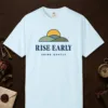 Rise Early Shine Gently design on a Chambray Comfort Colors 1717 tee, laid flat