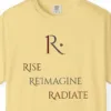 rise-reimagine-radiate-stacked-tee-butter-chest Close-up of the Rise Reimagine Radiate Stacked print on a Butter Comfort Colors 1717 tee