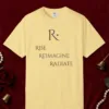 rise-reimagine-radiate-stacked-tee-butter-front Rise Reimagine Radiate Stacked design on a Butter Comfort Colors 1717 tee, laid flat