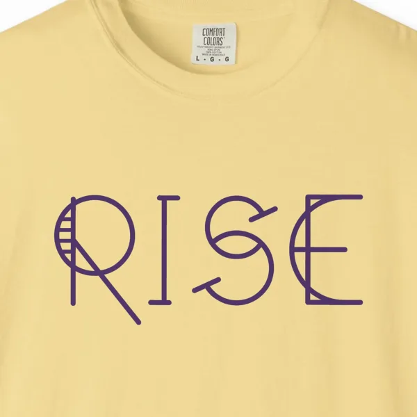 rise-tee-butter-chest Close-up of the Rise print on a Butter Comfort Colors 1717 tee