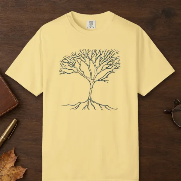 Roots and Branches design on a Butter Comfort Colors 1717 tee, laid flat