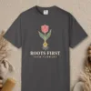 roots-first-tee-graphite-front Roots First design on a Graphite Comfort Colors 1717 tee, laid flat