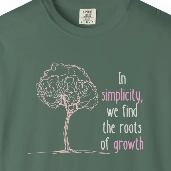 Close-up of the Roots of Growth print on a Blue Spruce Comfort Colors 1717 tee