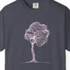 Close-up of the Round Crown Tree print on a Navy Comfort Colors 1717 tee