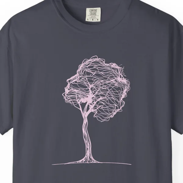 Close-up of the Round Crown Tree print on a Navy Comfort Colors 1717 tee