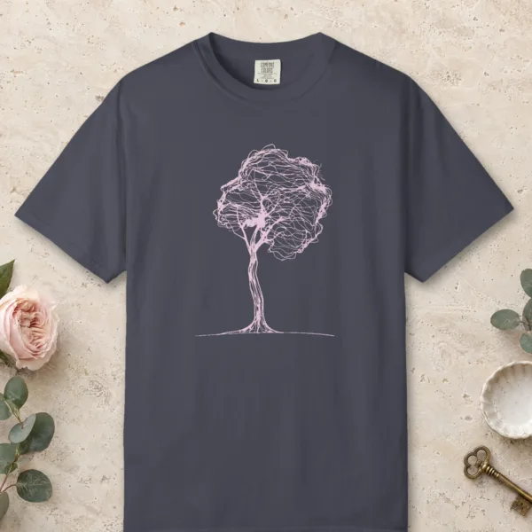 Round Crown Tree design on a Navy Comfort Colors 1717 tee, laid flat