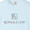 Close-up of the Royaale.One Wordmark print on a Chambray Comfort Colors 1717 tee