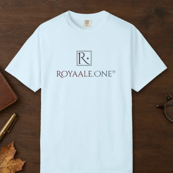 Royaale.One Wordmark design on a Chambray Comfort Colors 1717 tee, laid flat