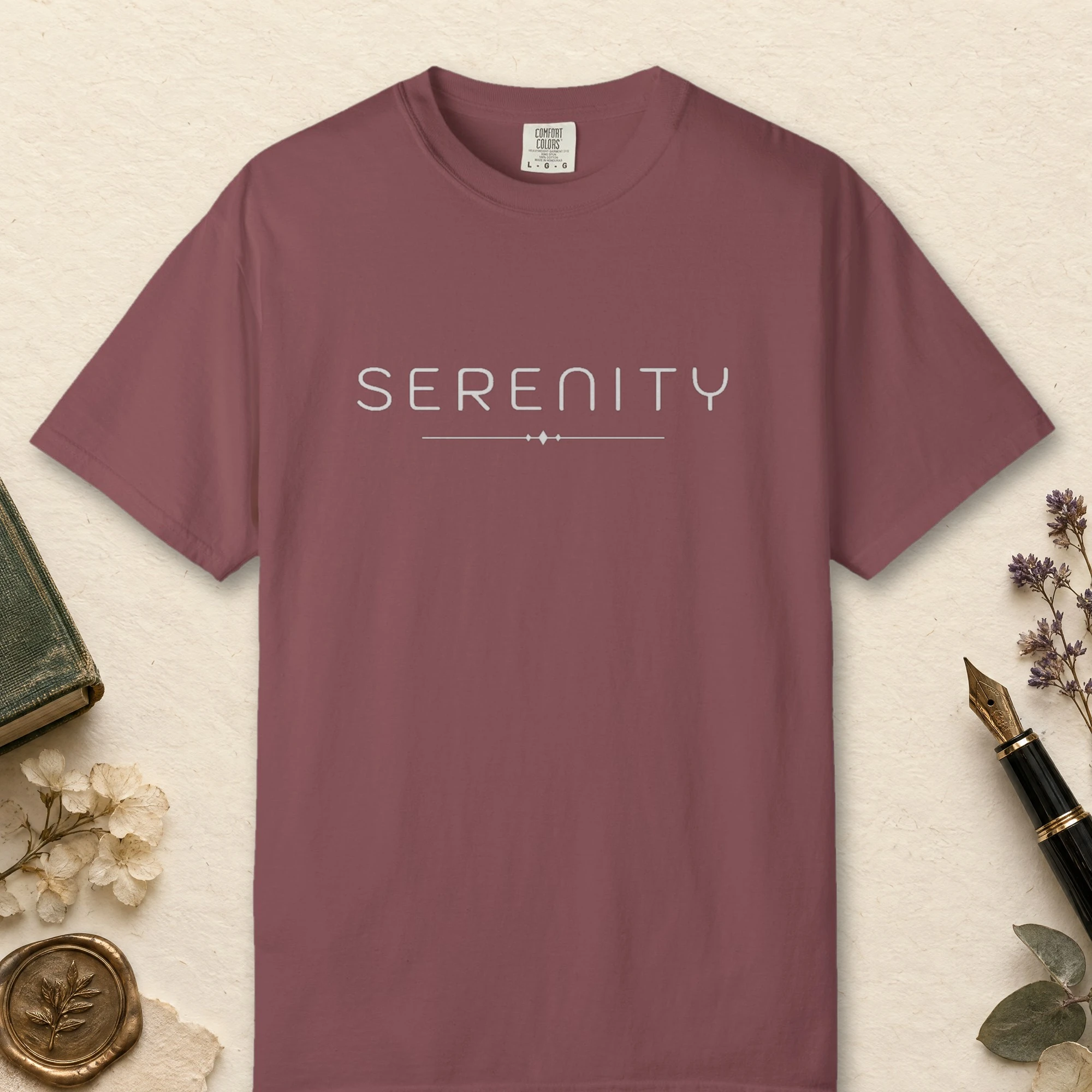 Serenity Diamond Line design on a Brick Comfort Colors 1717 tee, laid flat