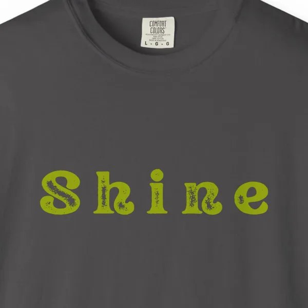 shine-tee-graphite-chest Close-up of the Shine print on a Graphite Comfort Colors 1717 tee