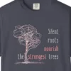 Close-up of the Silent Roots print on a Navy Comfort Colors 1717 tee