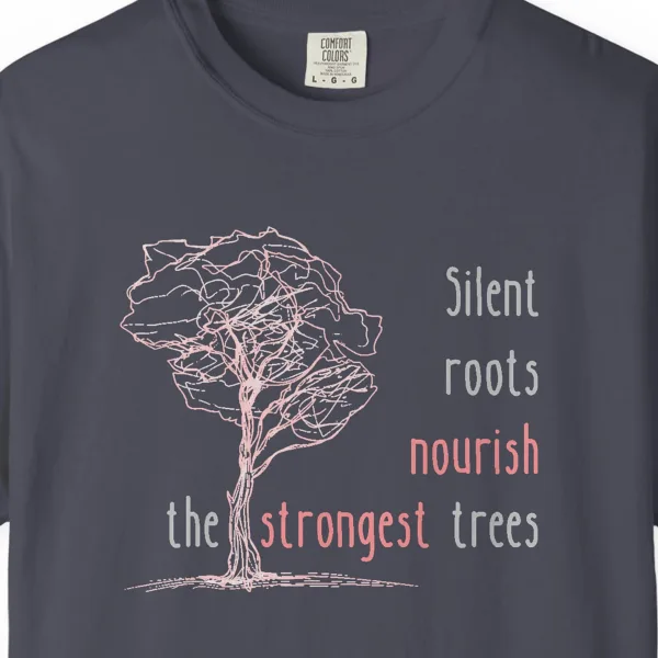 Close-up of the Silent Roots print on a Navy Comfort Colors 1717 tee