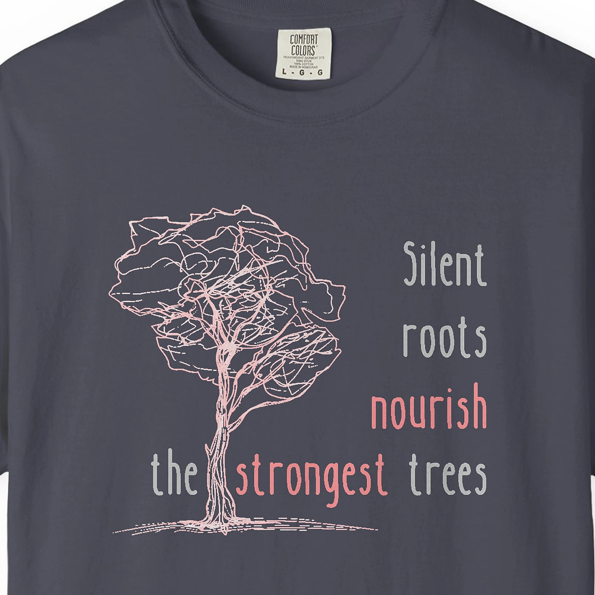 Close-up of the Silent Roots print on a Navy Comfort Colors 1717 tee