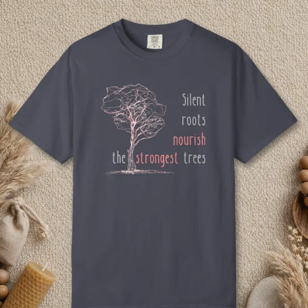 Silent Roots design on a Navy Comfort Colors 1717 tee, laid flat