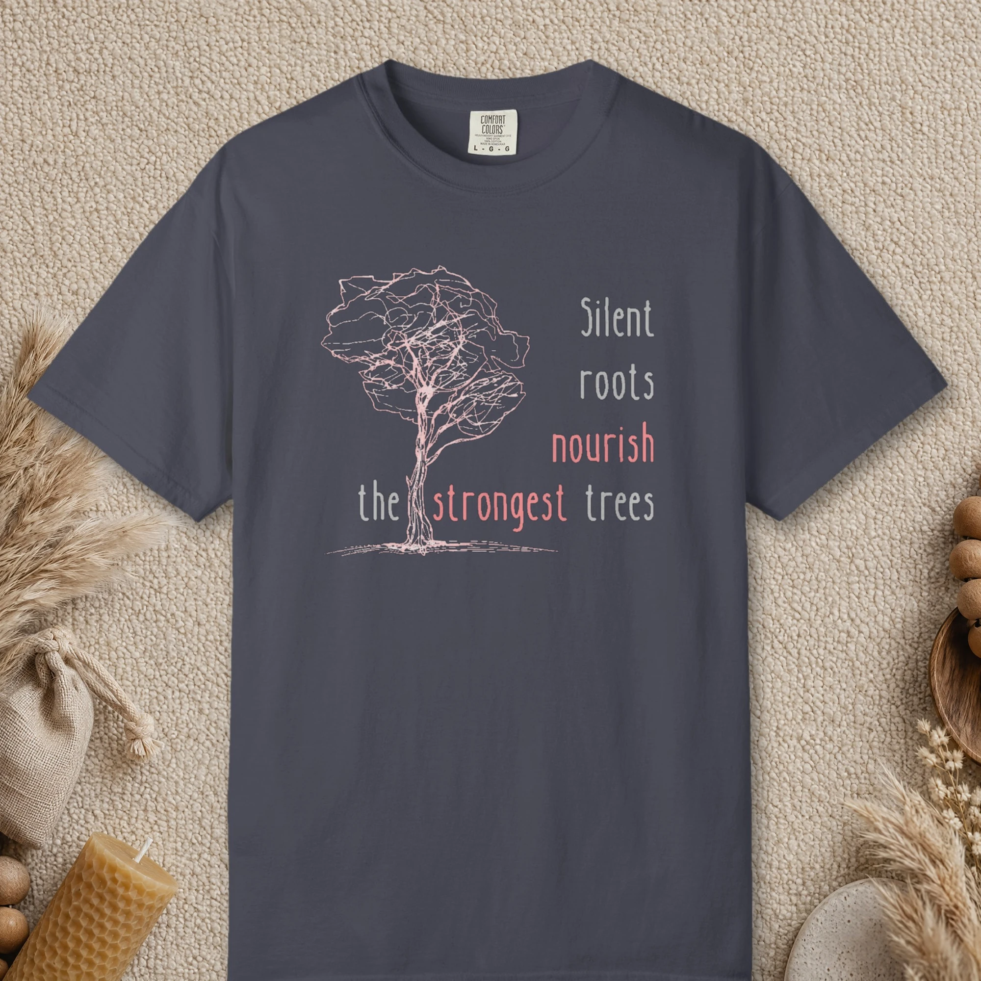 Silent Roots design on a Navy Comfort Colors 1717 tee, laid flat