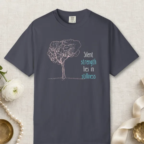 Silent Strength design on a Navy Comfort Colors 1717 tee, laid flat