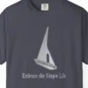 Close-up of the Silver Sailboat print on a Navy Comfort Colors 1717 tee