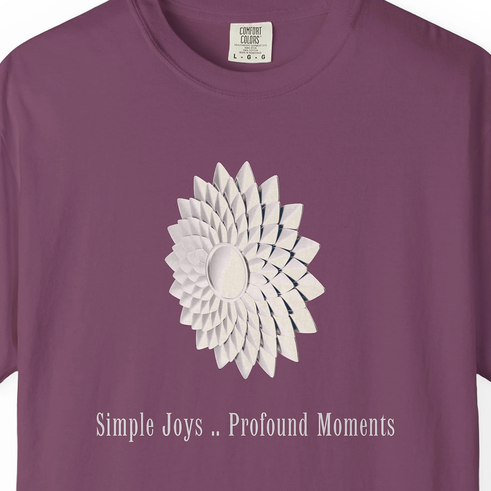 simple-joys-profound-moments-tee-berry-chest Close-up of the Simple Joys Profound Moments print on a Berry Comfort Colors 1717 tee