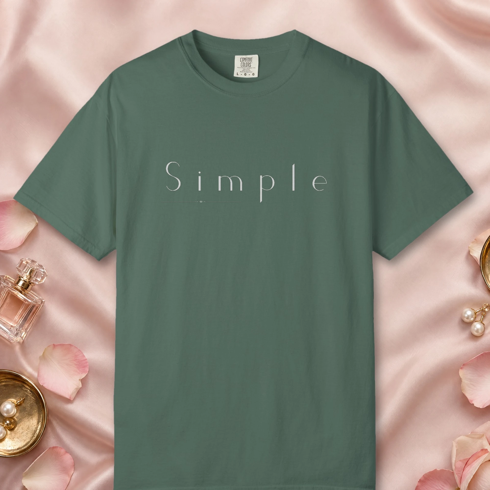 Simple Thin Line design on a Blue Spruce Comfort Colors 1717 tee, laid flat