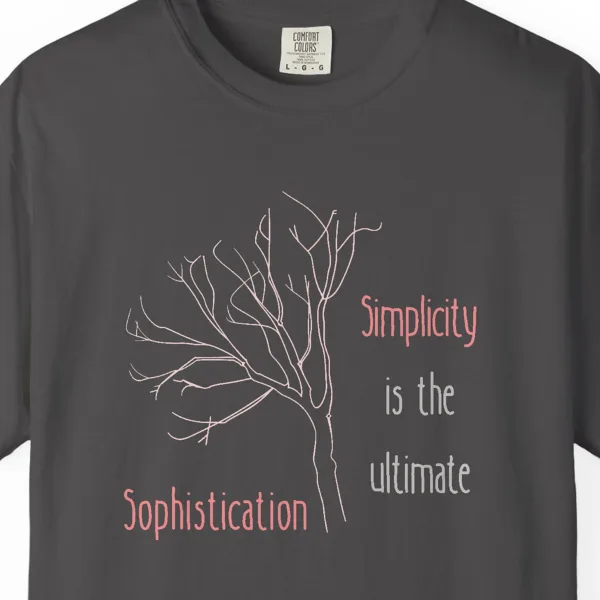 Close-up of the Simplicity Tree print on a Graphite Comfort Colors 1717 tee