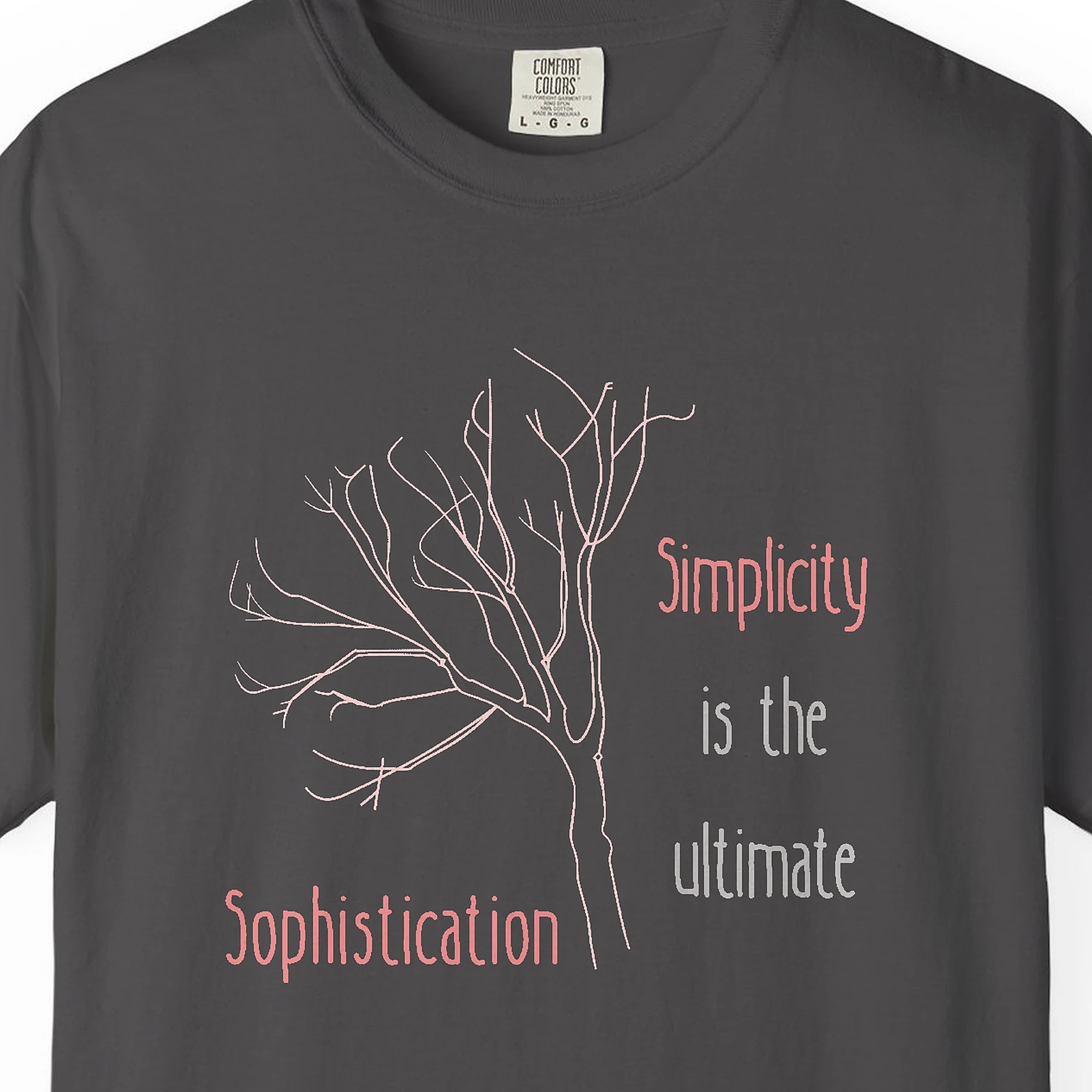 simplicity-tree-tee-graphite-chest Close-up of the Simplicity Tree print on a Graphite Comfort Colors 1717 tee