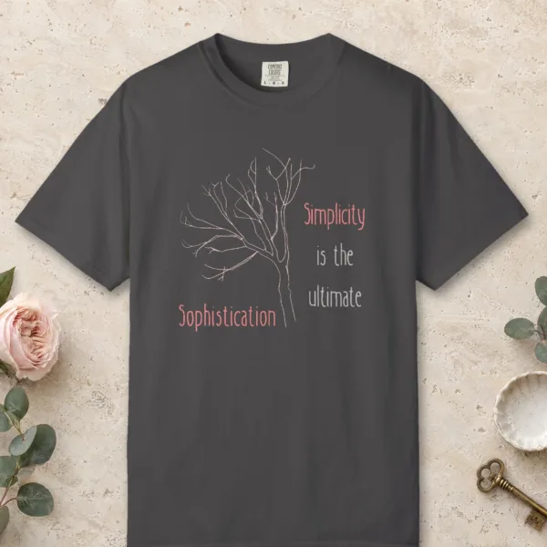 Simplicity Tree design on a Graphite Comfort Colors 1717 tee, laid flat