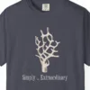 Close-up of the Simply Extraordinary print on a Navy Comfort Colors 1717 tee