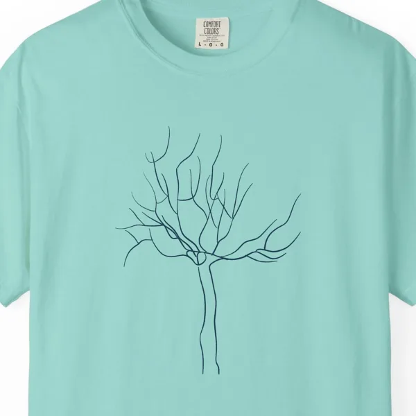 Close-up of the Slender Tree print on a Chalky Mint Comfort Colors 1717 tee