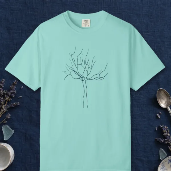 Slender Tree design on a Chalky Mint Comfort Colors 1717 tee, laid flat