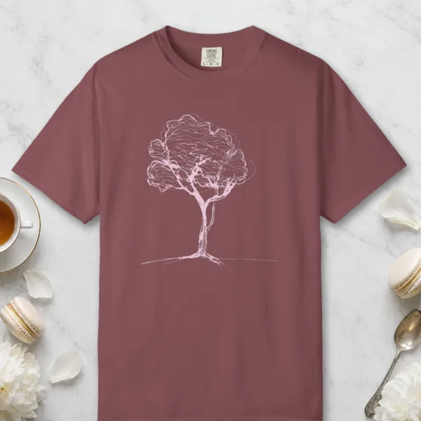 Soft Canopy Tree design on a Brick Comfort Colors 1717 tee, laid flat