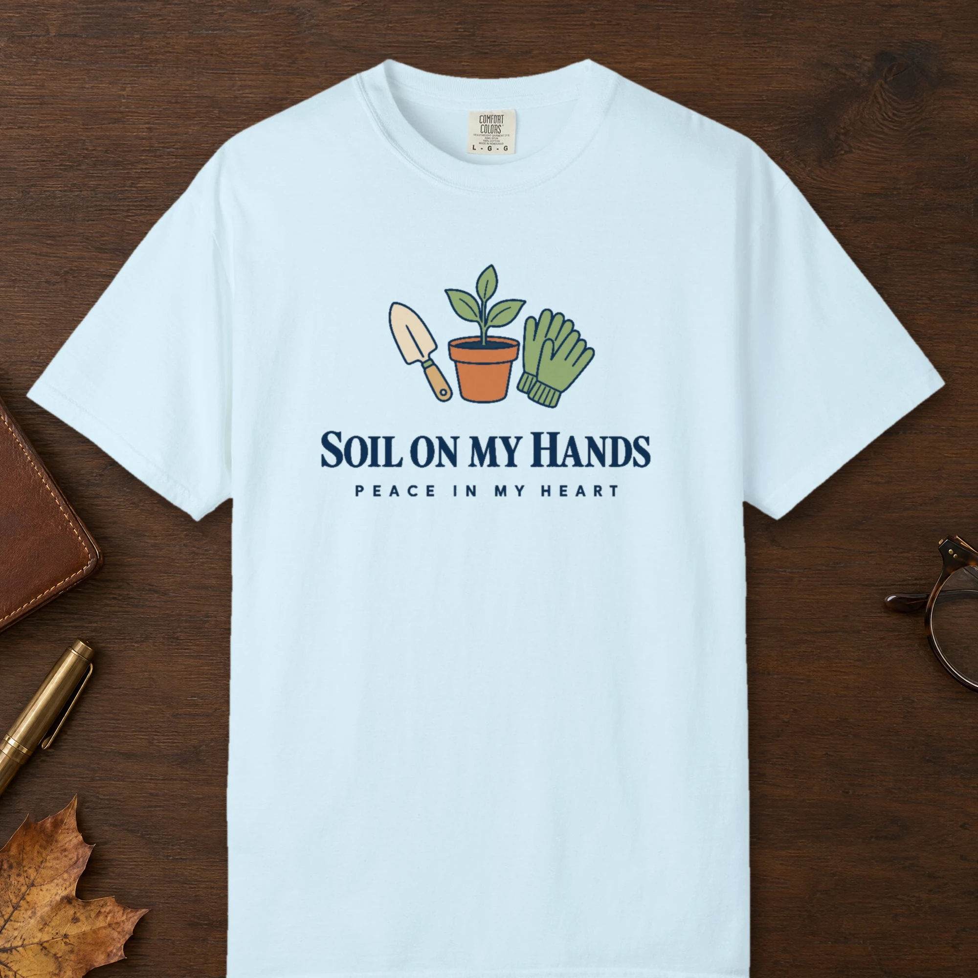 Soil on My Hands design on a Chambray Comfort Colors 1717 tee, laid flat