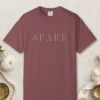 Spark Fine Capitals design on a Brick Comfort Colors 1717 tee, laid flat