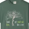 stand-firm-reach-out-tee-blue-spruce-chest Close-up of the Stand Firm Reach Out print on a Blue Spruce Comfort Colors 1717 tee